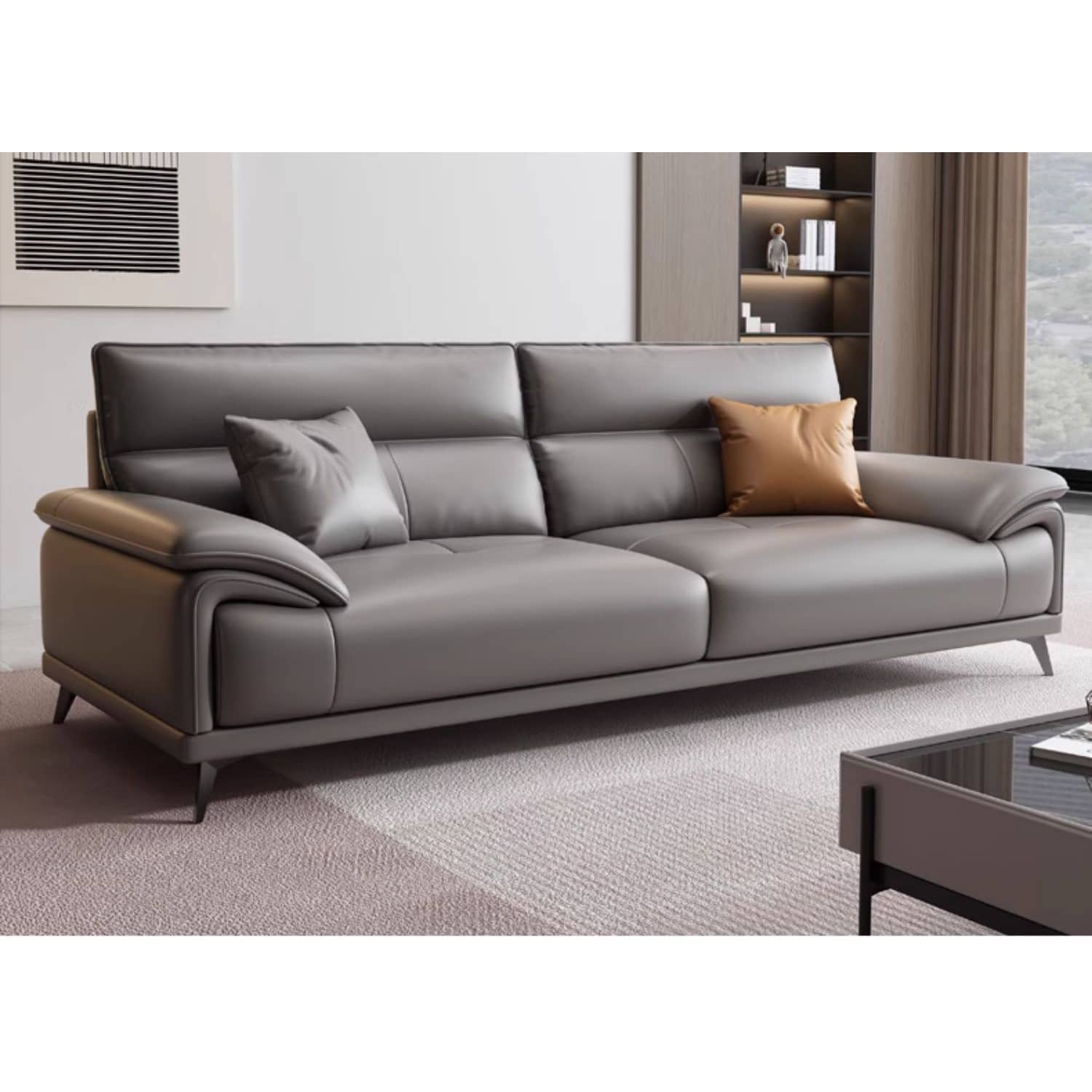 Luxurious Gray Leather Sofa with Pine Wood Frame & Cozy Down Filling Cushions for Living Room hzh-1365