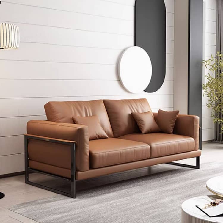 Luxurious Brown Faux Leather Sofa  with Pine Wood Frame & Metal Legs for Living Room hzh-1369