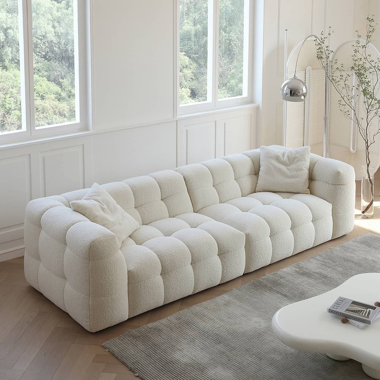 Luxury White Pine Sofa with Faux Lambswool and Down Silk Floss Comfort my-343