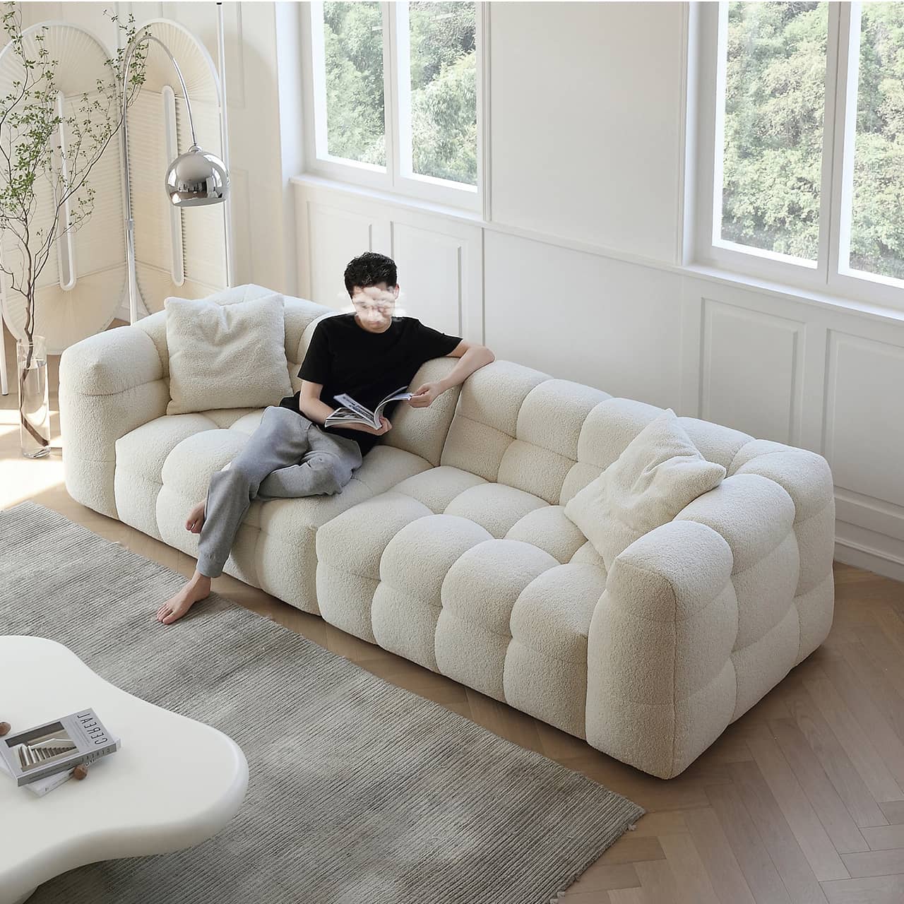 Luxury White Pine Sofa with Faux Lambswool and Down Silk Floss Comfort my-343