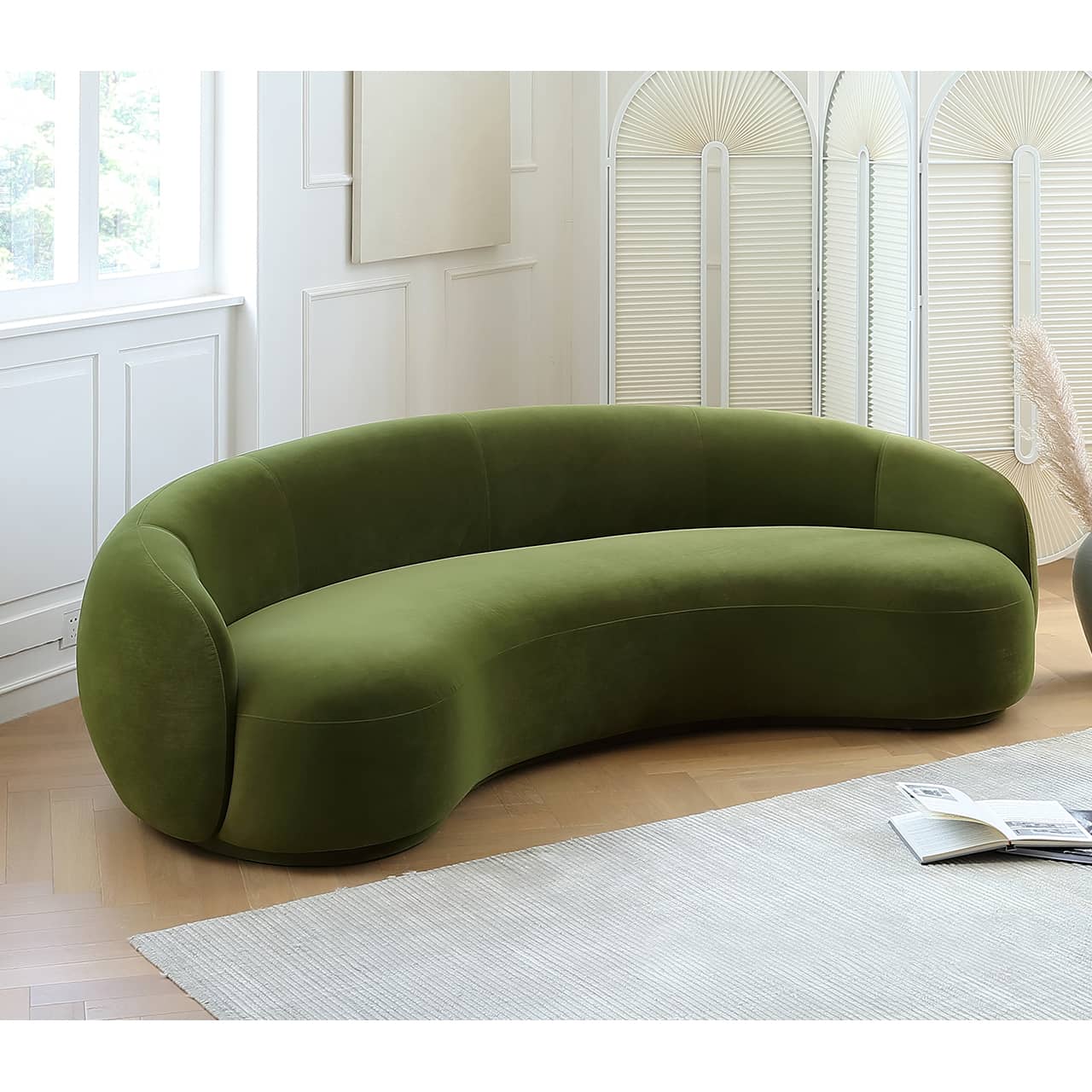 Elegant White Sofa with Luxurious Pine Suede Upholstery and Grass Green Accents my-351