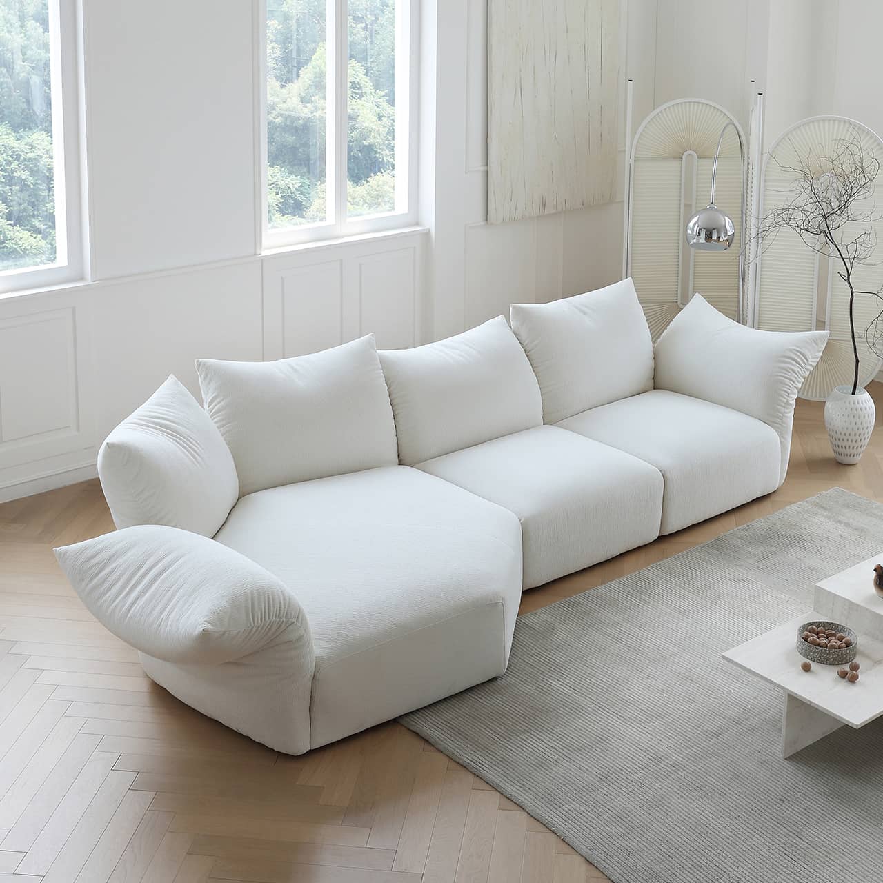 Luxurious White Pine Chenille Sofa with Plush Down Cushioning my-352