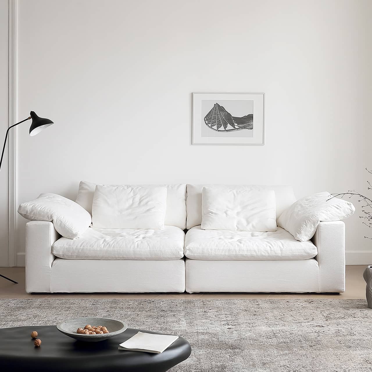 Luxury Cotton-Ramie White Sofa with Down & Silk Floss Cushions - Available in Brown, Dark Blue, and Black my-357