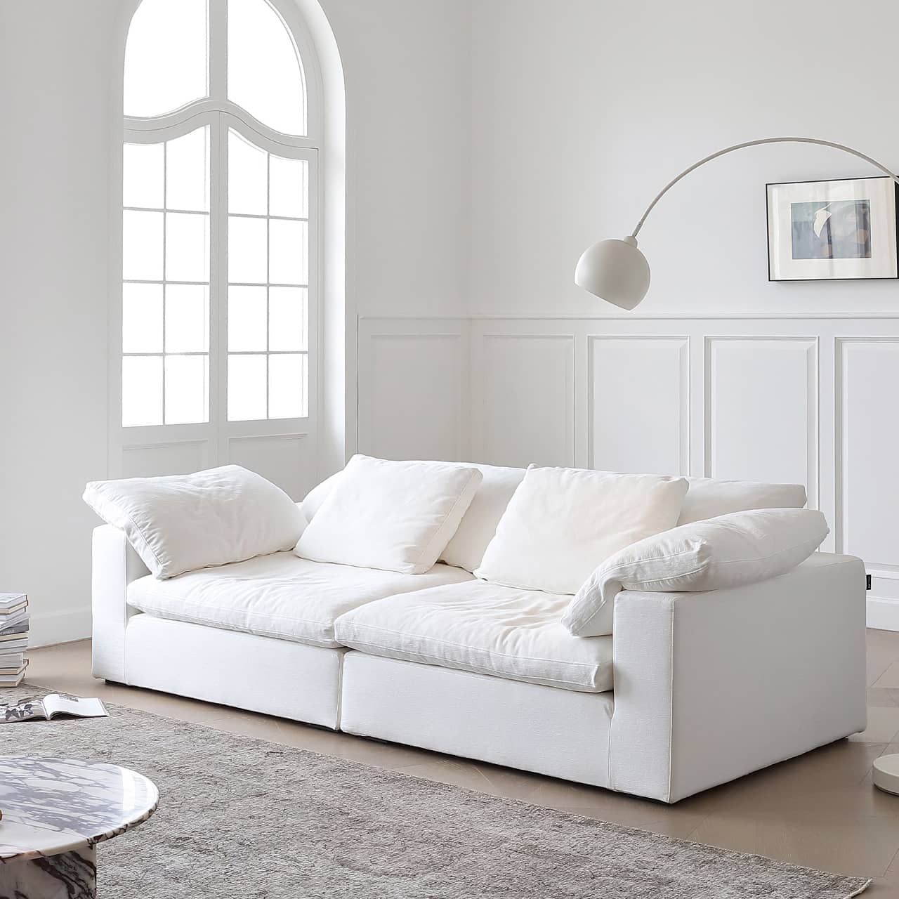 Luxury Cotton-Ramie White Sofa with Down & Silk Floss Cushions - Available in Brown, Dark Blue, and Black my-357