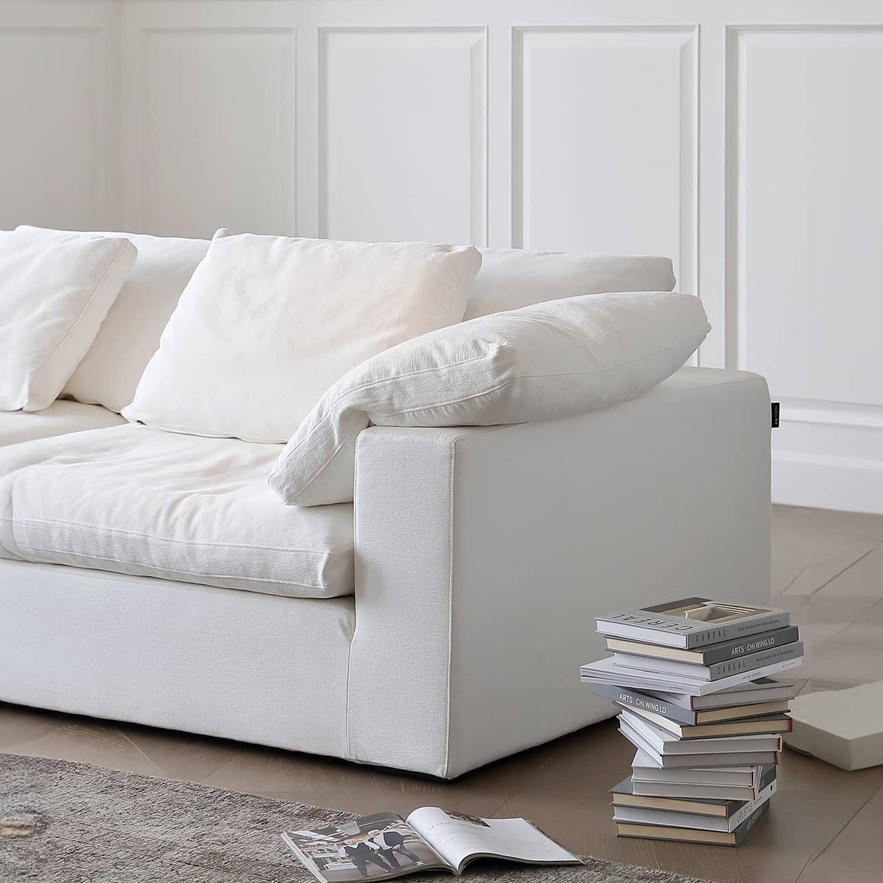 Luxury Cotton-Ramie White Sofa with Down & Silk Floss Cushions - Available in Brown, Dark Blue, and Black my-357