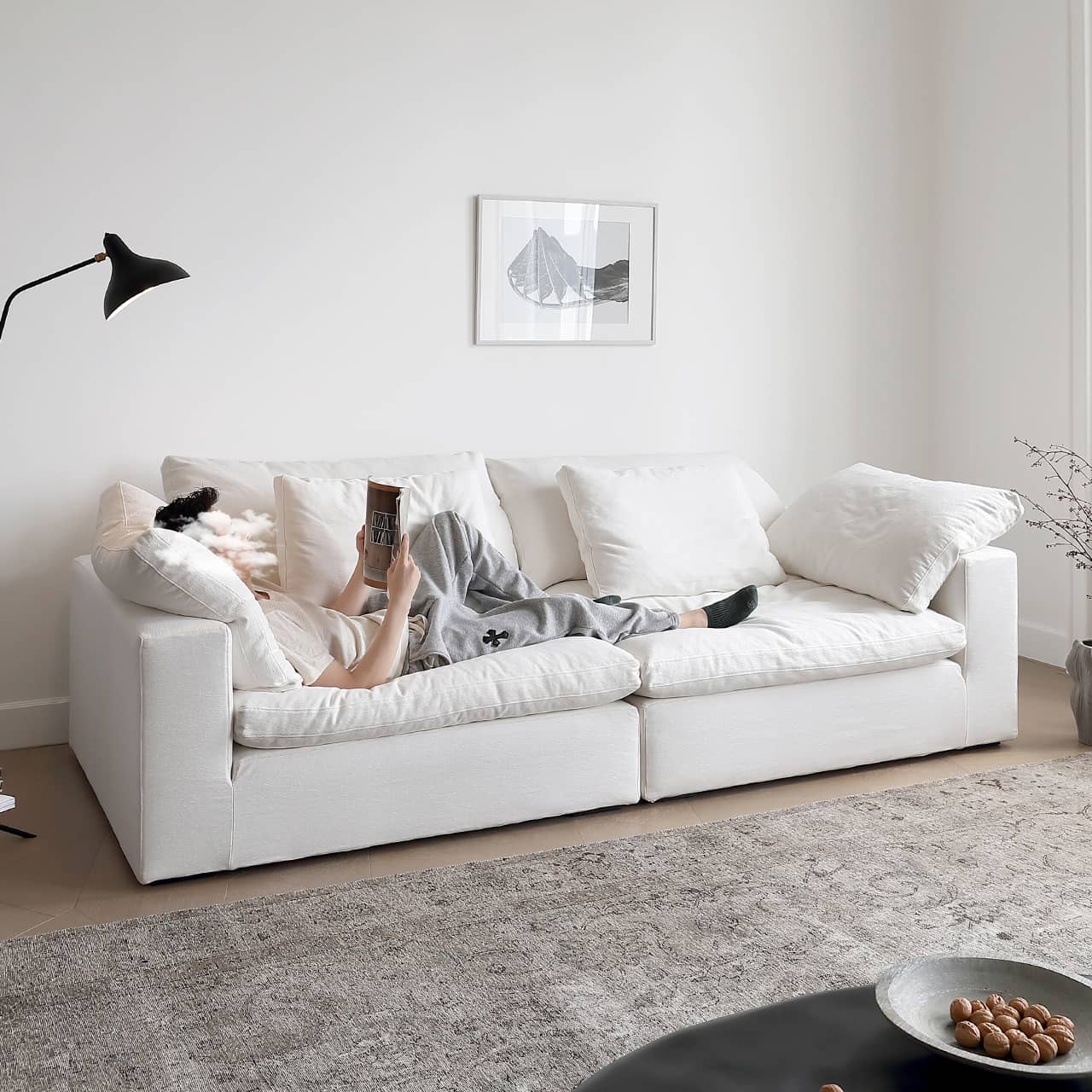 Luxury Cotton-Ramie White Sofa with Down & Silk Floss Cushions - Available in Brown, Dark Blue, and Black my-357