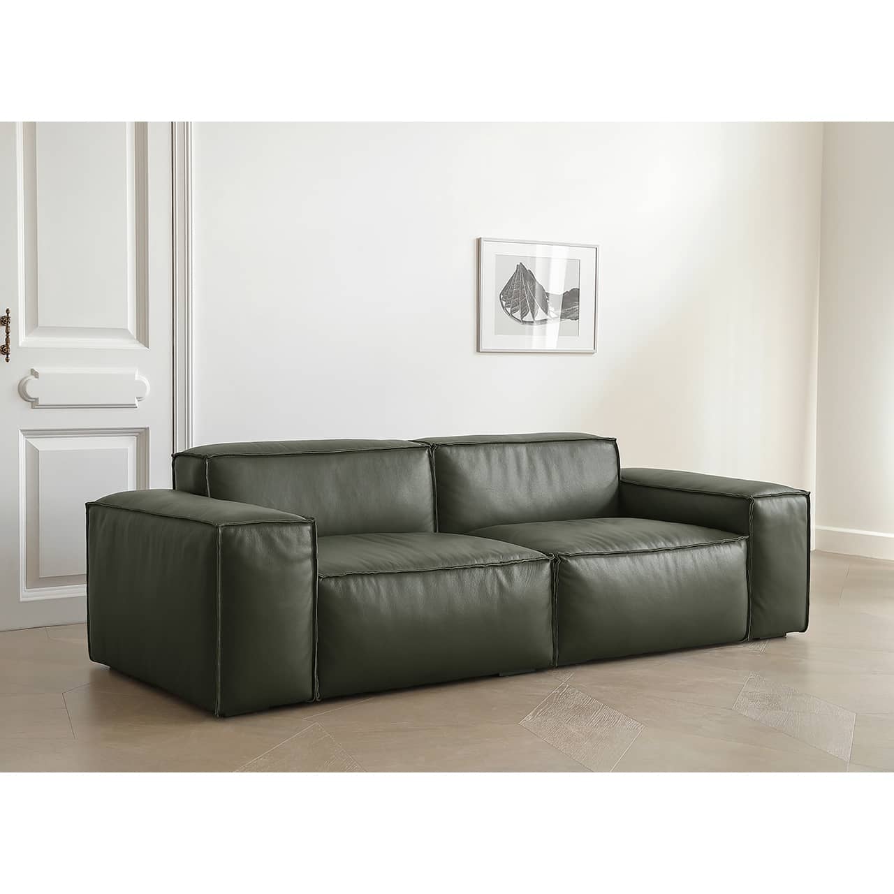 Luxurious Dark Green Pine Leather Sofa with Plush Down Cushions my-368