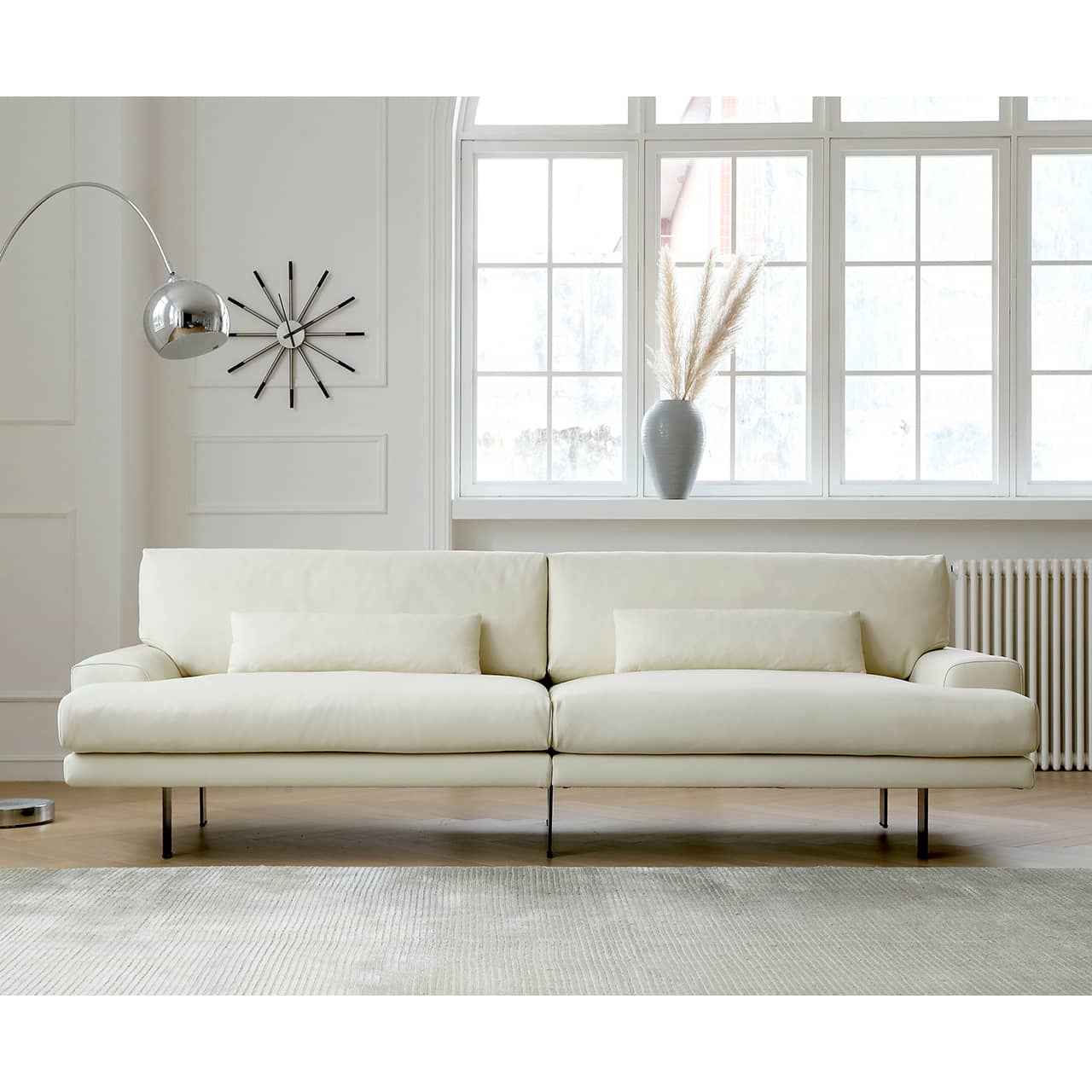 Luxurious Off-White Pine Leather Sofa with Plush Down Cushions and Sleek Stainless Steel Accents my-372