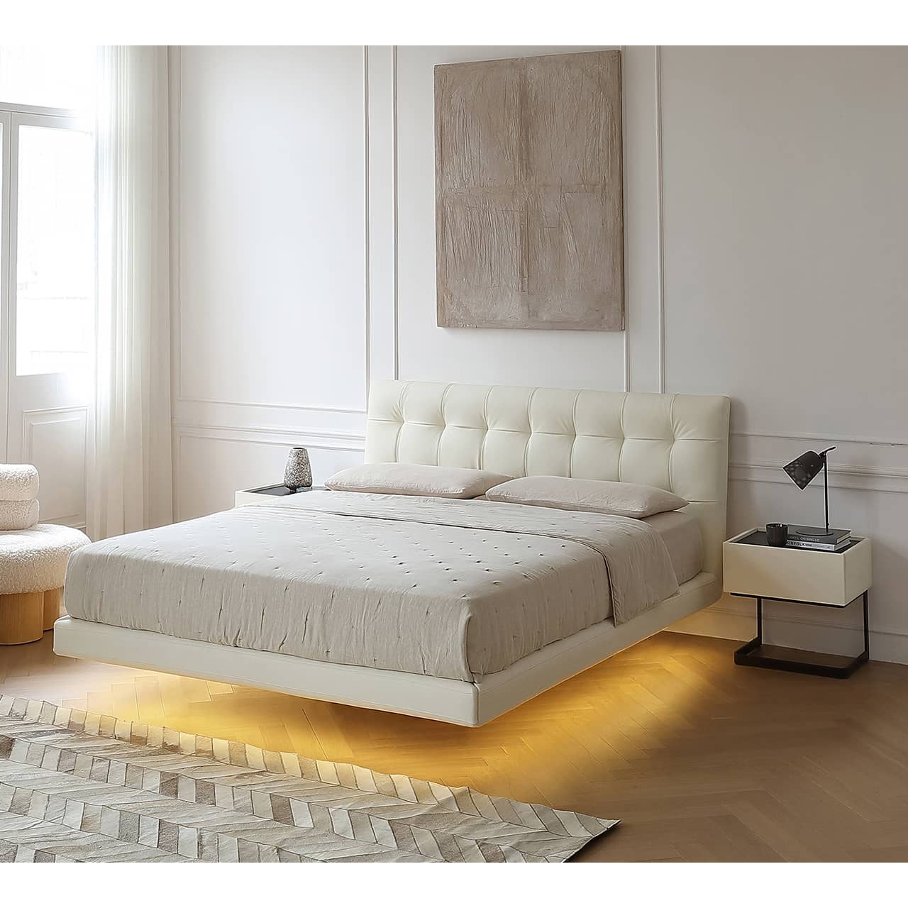 Modern California King Size Bed with Pine Bed Frame & Leather Upholstered Headboard my-376