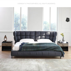 Luxurious Black Super King Size Bed with Leather Upholstery and Wingback Headboard for Bedroom my-381