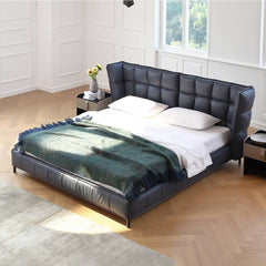 Luxurious Black Super King Size Bed with Leather Upholstery and Wingback Headboard for Bedroom my-381