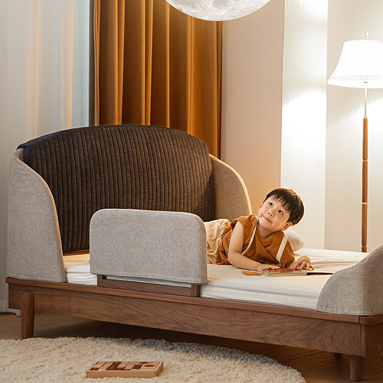 Modern Bed for Kids with Walnut Bed Frame & Velvet Upholstery Headboard ps-025