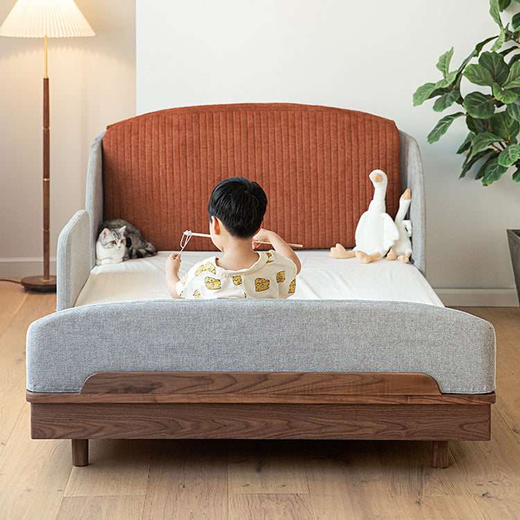 Modern Bed for Kids with Walnut Bed Frame & Velvet Upholstery Headboard ps-025