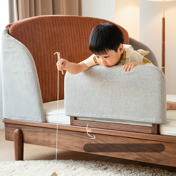 Modern Bed for Kids with Walnut Bed Frame & Velvet Upholstery Headboard ps-025