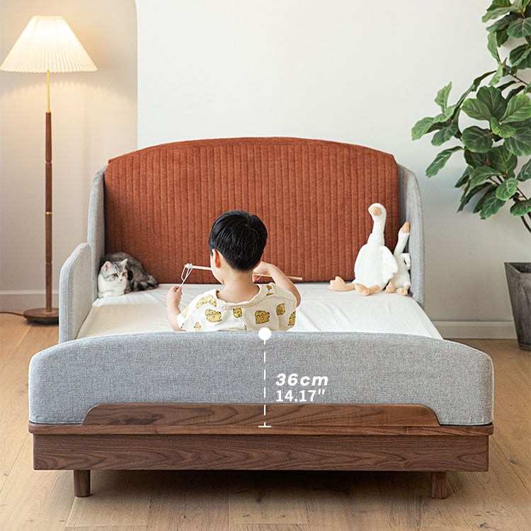 Modern Bed for Kids with Walnut Bed Frame & Velvet Upholstery Headboard ps-025