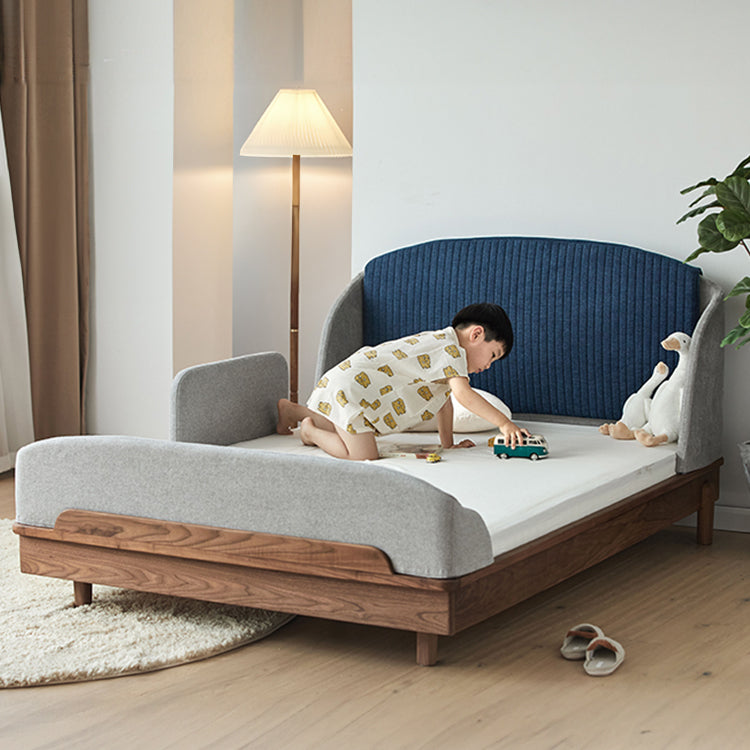 Modern Bed for Kids with Walnut Bed Frame & Velvet Upholstery Headboard ps-025