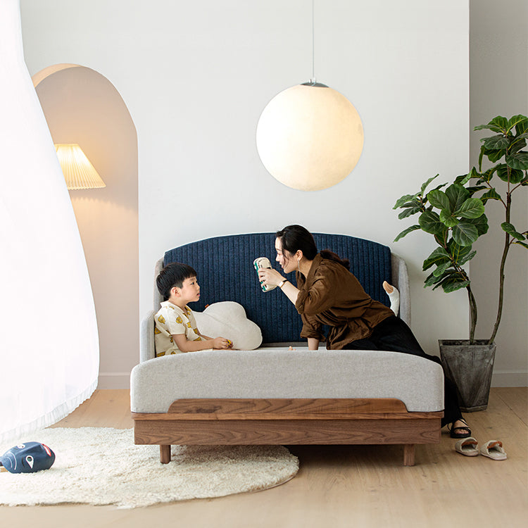 Modern Bed for Kids with Walnut Bed Frame & Velvet Upholstery Headboard ps-025