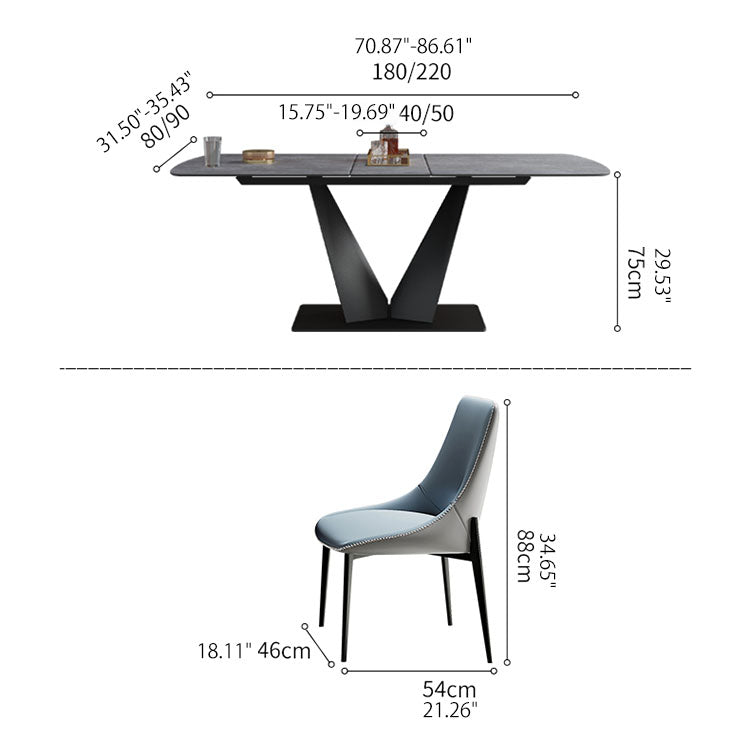 Luxurious Rectangular Dining Table with Extendable Marble Top & Metal Pedestal for 6 qc-172