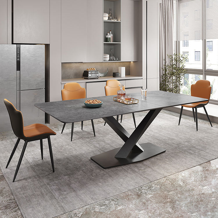 Modern Rectangular Dining Table with Extendable Marble Top & Metal Pedestal for 6 qc-173