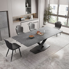 Modern Rectangular Dining Table with Extendable Marble Top & Metal Pedestal for 6 qc-173