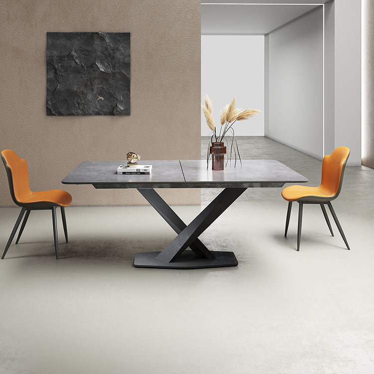 Modern Rectangular Dining Table with Extendable Marble Top & Metal Pedestal for 6 qc-173