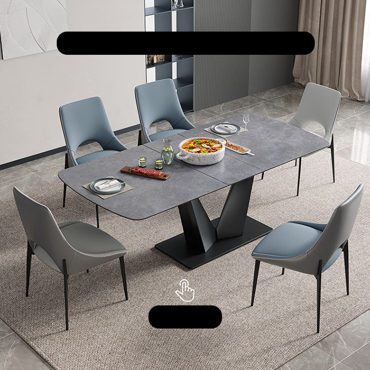 Modern Rectangular Dining Table with Extendable Marble Top & Metal Pedestal for 6 qc-173