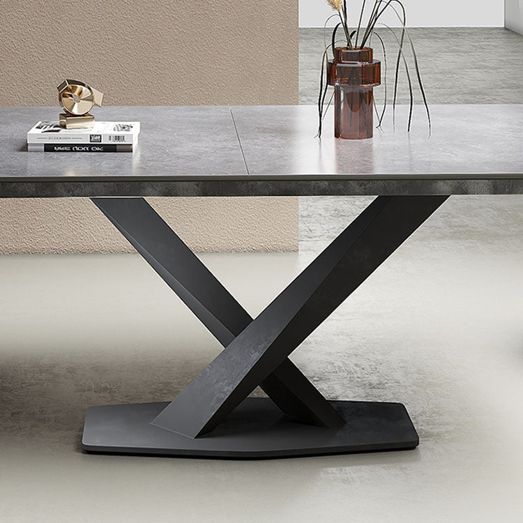 Modern Rectangular Dining Table with Extendable Marble Top & Metal Pedestal for 6 qc-173