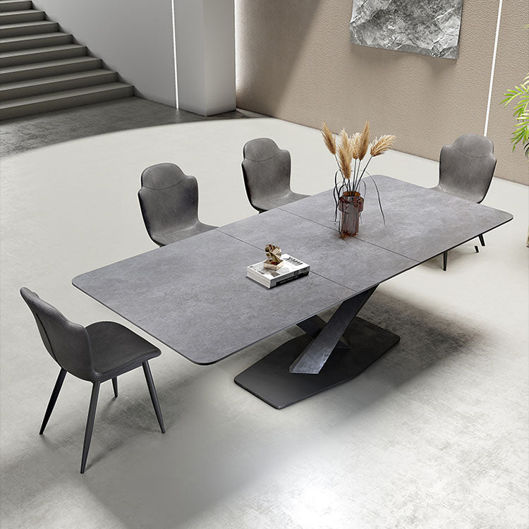 Modern Rectangular Dining Table with Extendable Marble Top & Metal Pedestal for 6 qc-173