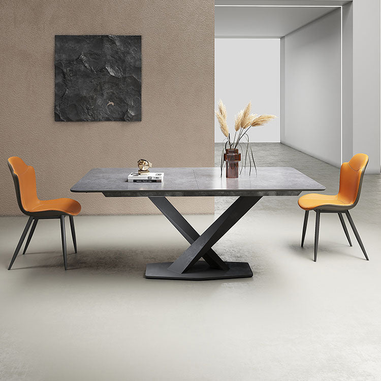 Modern Rectangular Dining Table with Extendable Marble Top & Metal Pedestal for 6 qc-173