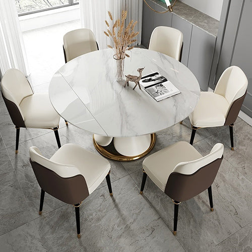 Luxurious Round Extendable Dining Table - Durable Marble Top and Carbon Steel Pedestal for 6-8 People qc-wy-1068-ty