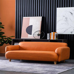 Modern Techno Fabric Sofa Set in Orange, Off-White, Dark Blue, and Green with Elegant Wood Accents qm-1