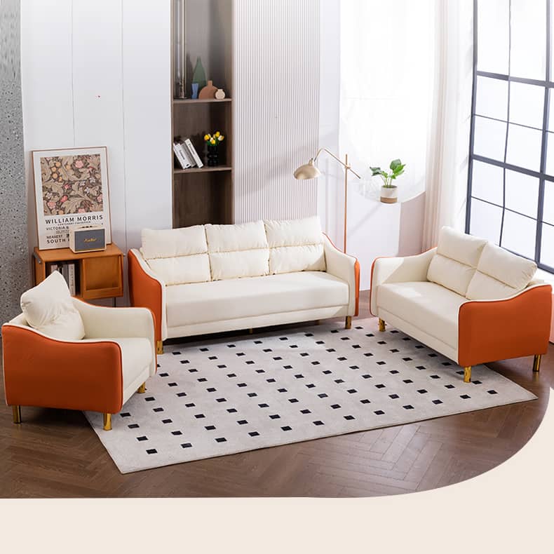 Modern Techno Fabric Sofa Set in Orange, Off-White, Dark Blue, and Green with Elegant Wood Accents qm-1