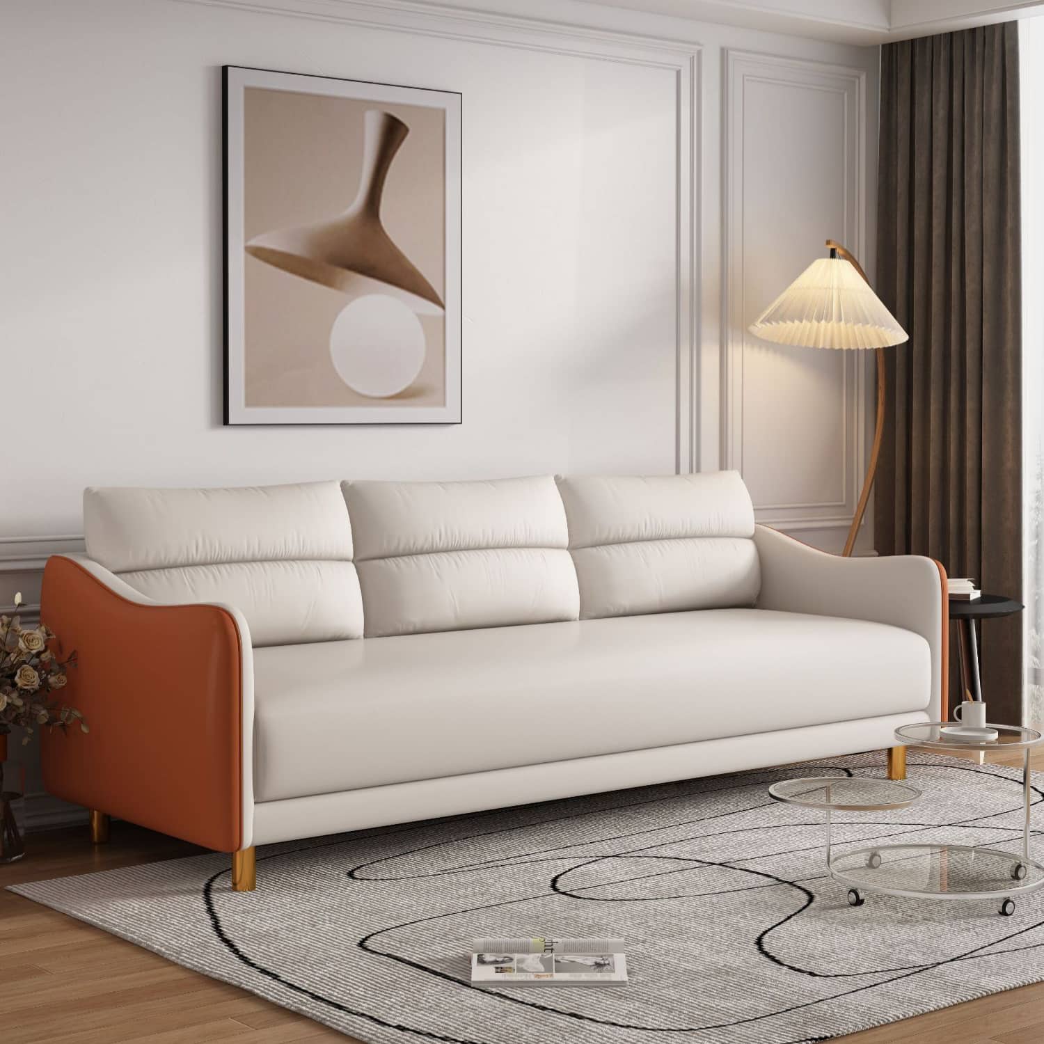 Modern Techno Fabric Sofa Set in Orange, Off-White, Dark Blue, and Green with Elegant Wood Accents qm-1