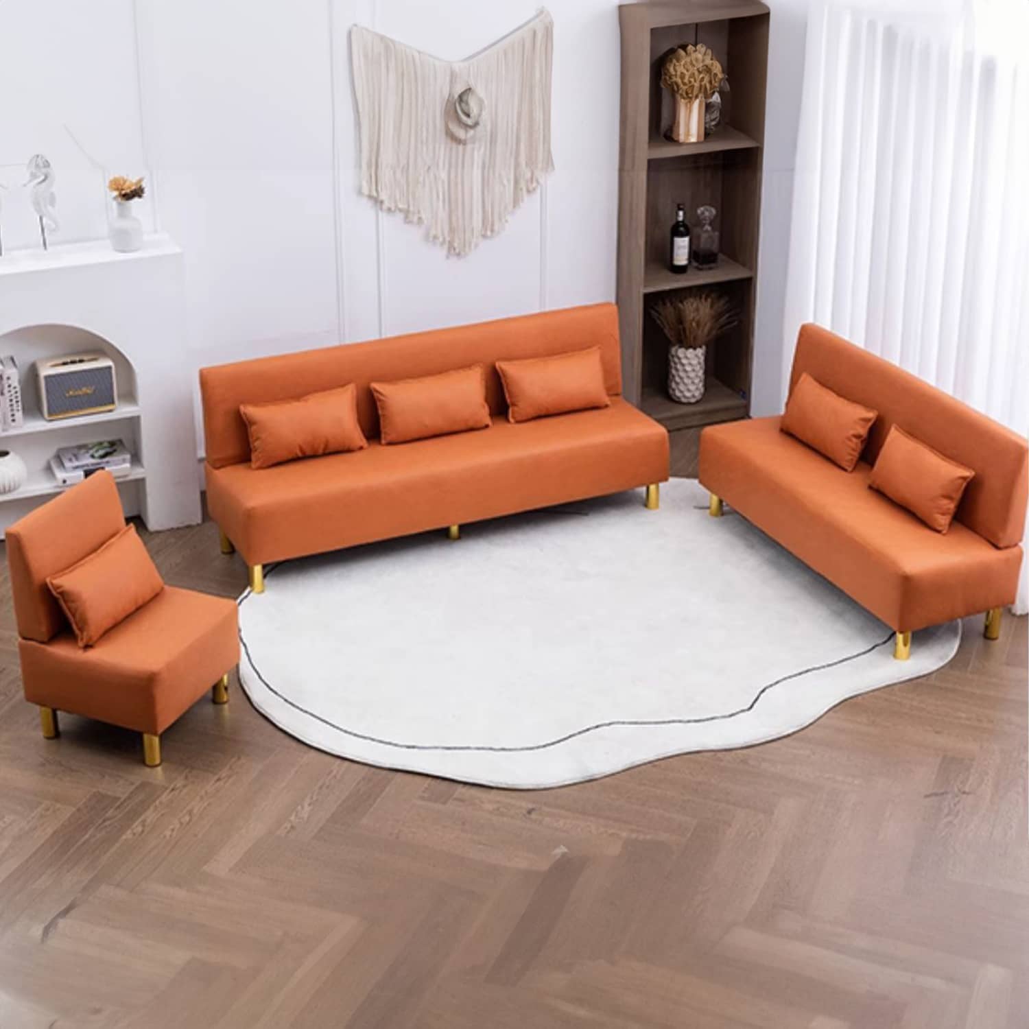 Modern Techno Fabric Sofa Set in Orange, Off-White, Dark Blue, and Green with Elegant Wood Accents qm-1