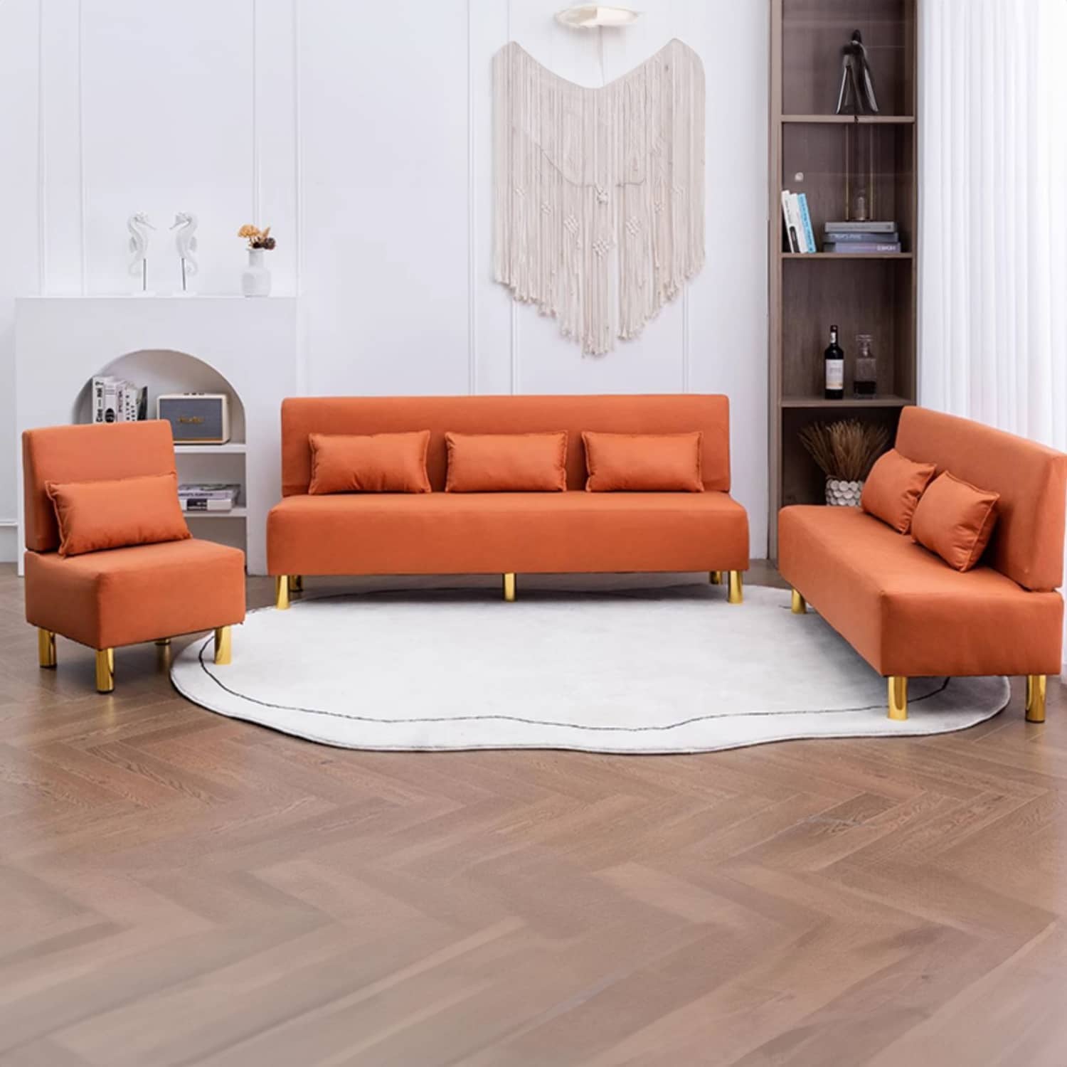 Modern Techno Fabric Sofa Set in Orange, Off-White, Dark Blue, and Green with Elegant Wood Accents qm-1