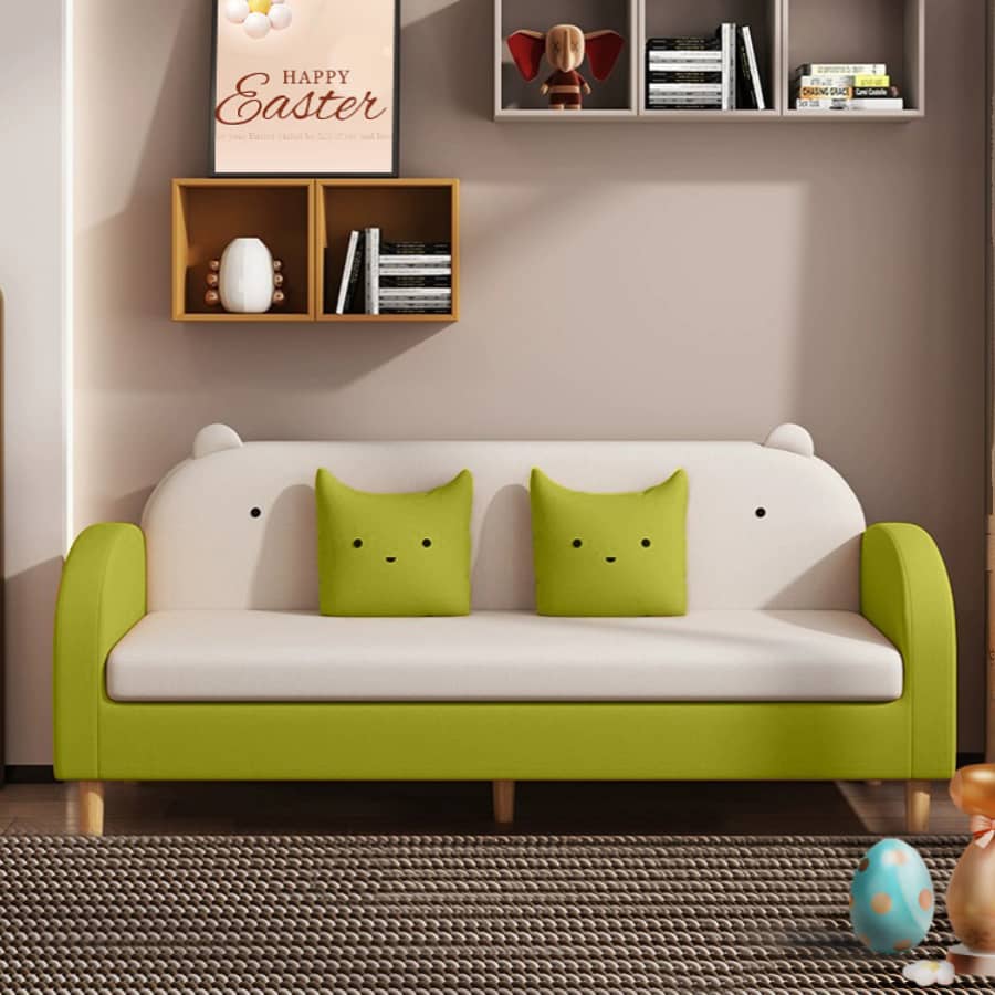 Modern Techno Fabric Sofa Set in Orange, Off-White, Dark Blue, and Green with Elegant Wood Accents qm-1