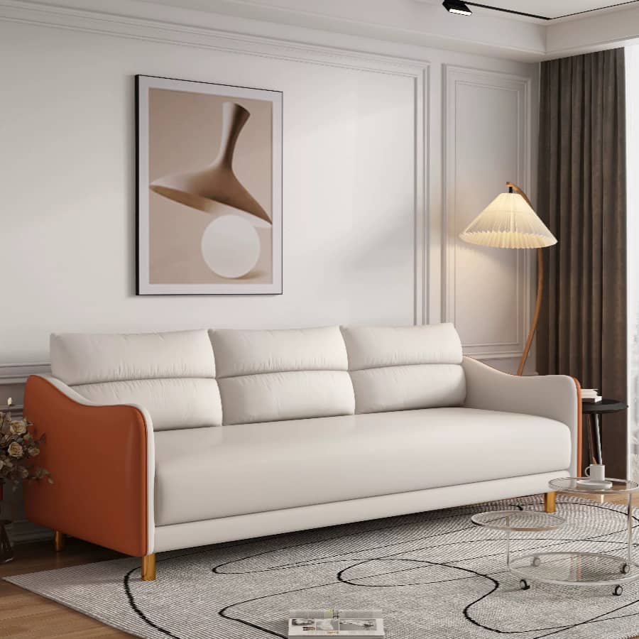 Modern Techno Fabric Sofa Set in Orange, Off-White, Dark Blue, and Green with Elegant Wood Accents qm-1