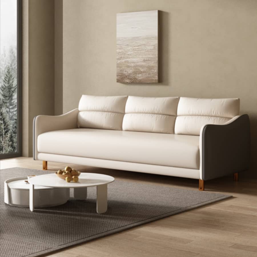 Modern Techno Fabric Sofa Set in Orange, Off-White, Dark Blue, and Green with Elegant Wood Accents qm-1