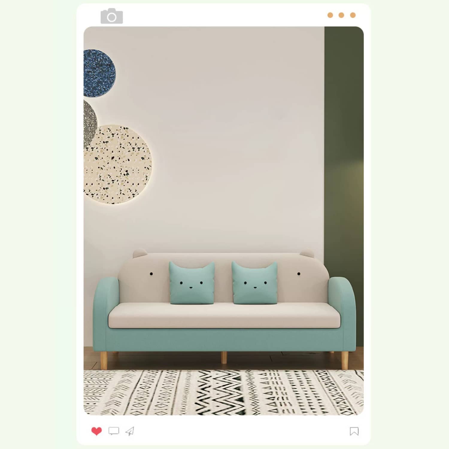 Stylish Light Gray Sofa with Off White, Mint Green, Grass Pink, and Yellow Wood Accents – Premium Cotton Upholstery qm-11