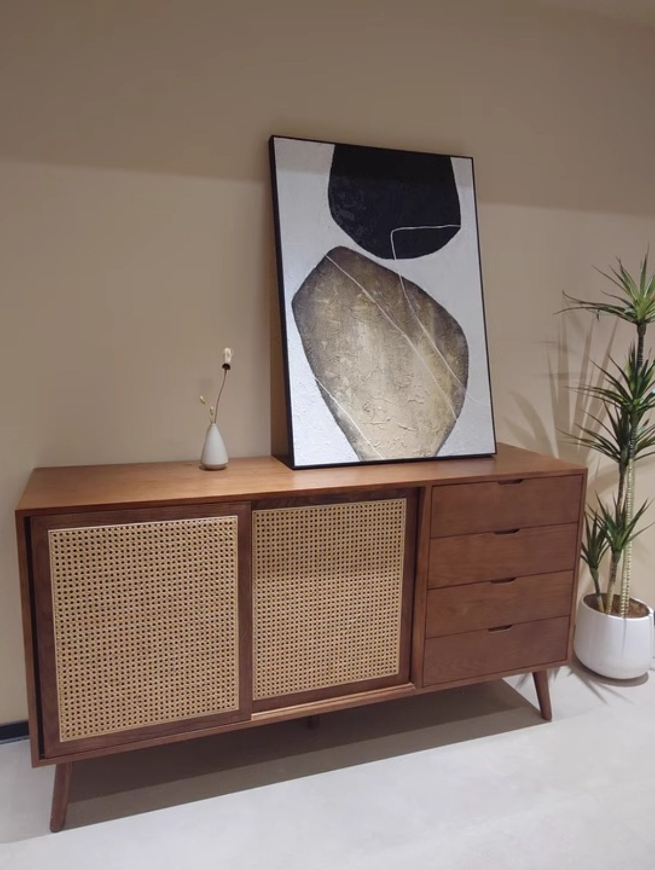 Elegant Ash Wood Cabinet with Natural Rattan Accents and Multi