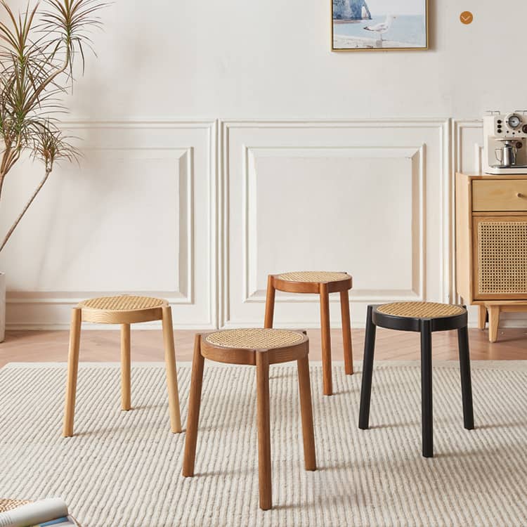 Stylish Rattan & Ash Wood Stool in Black, Brown, or Light Natural Finish tzm-522