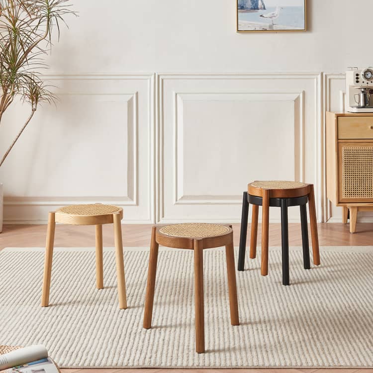 Stylish Rattan & Ash Wood Stool in Black, Brown, or Light Natural Finish tzm-522