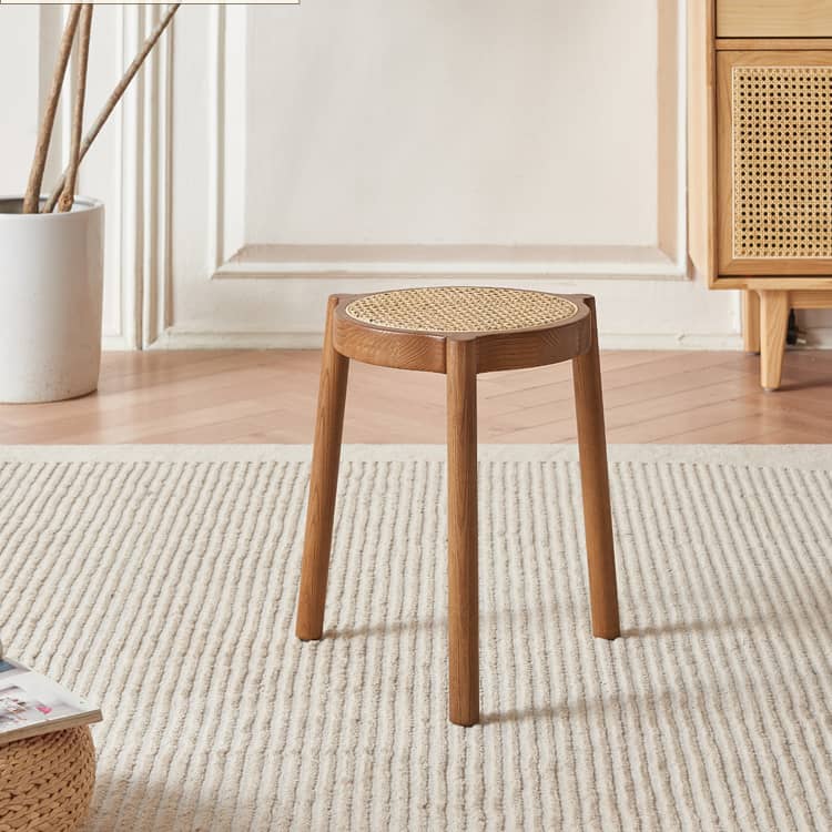 Stylish Rattan & Ash Wood Stool in Black, Brown, or Light Natural Finish tzm-522