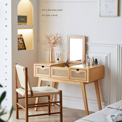 Elegant Natural Wood Makeup Vanity with Rattan and Ash Wood Accents, Glass Top tzm-525