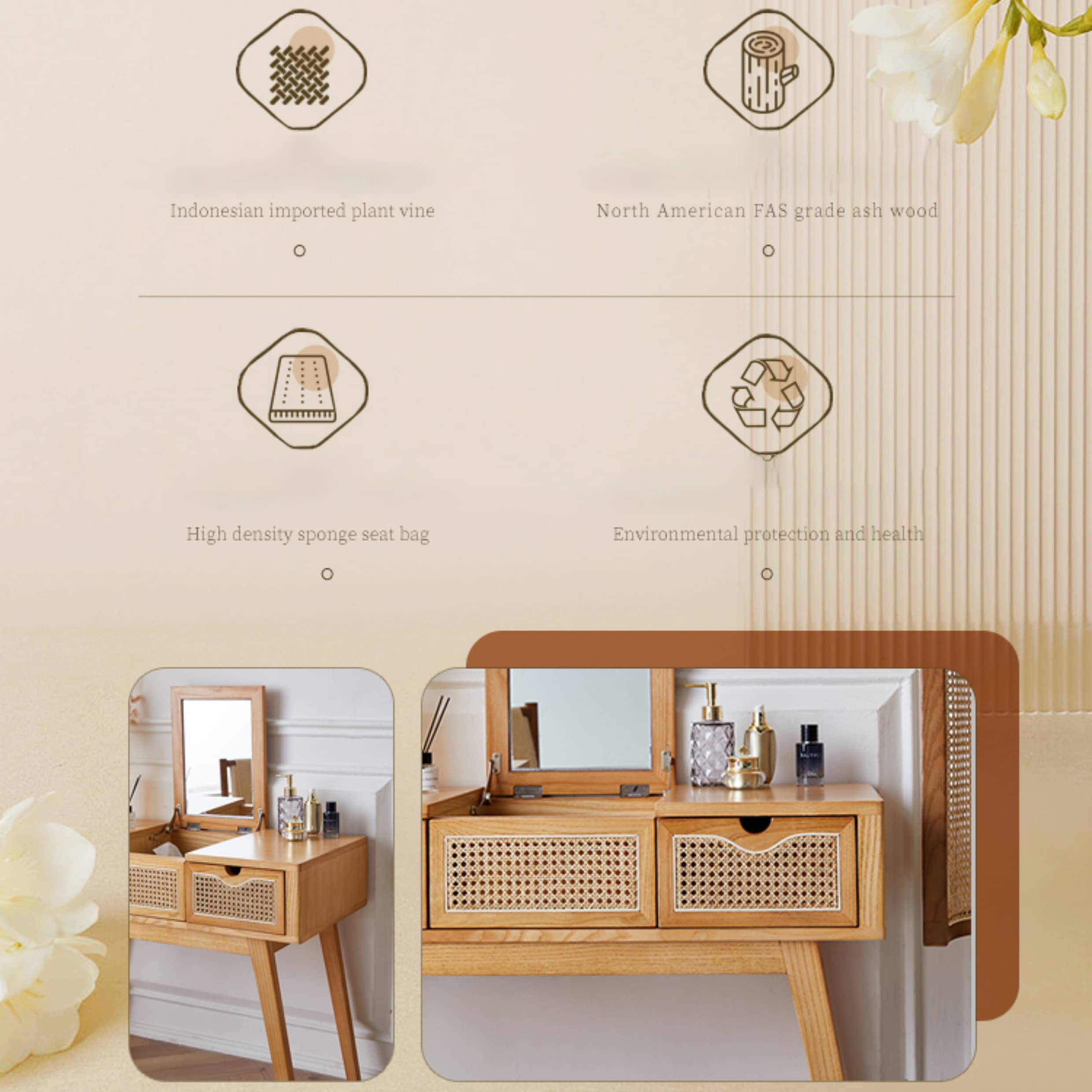 Elegant Natural Wood Makeup Vanity with Rattan and Ash Wood Accents, Glass Top tzm-525