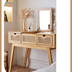 Elegant Natural Wood Makeup Vanity with Rattan and Ash Wood Accents, Glass Top tzm-525