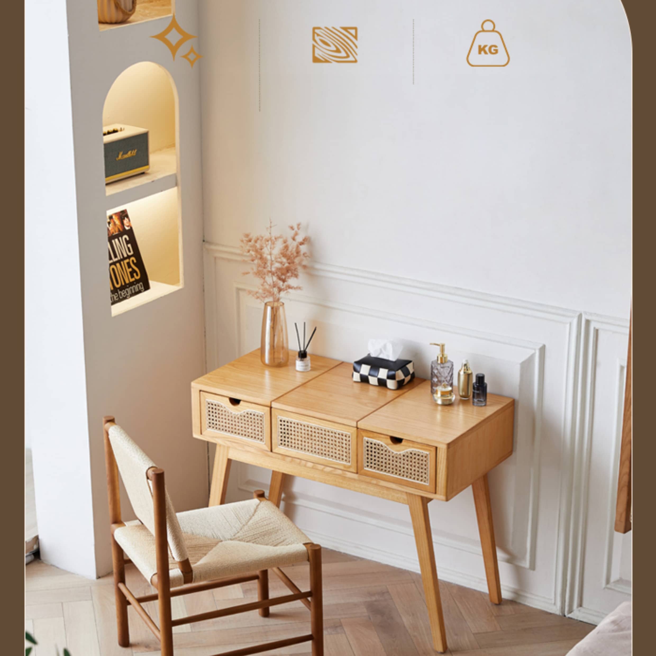 Elegant Natural Wood Makeup Vanity with Rattan and Ash Wood Accents, Glass Top tzm-525