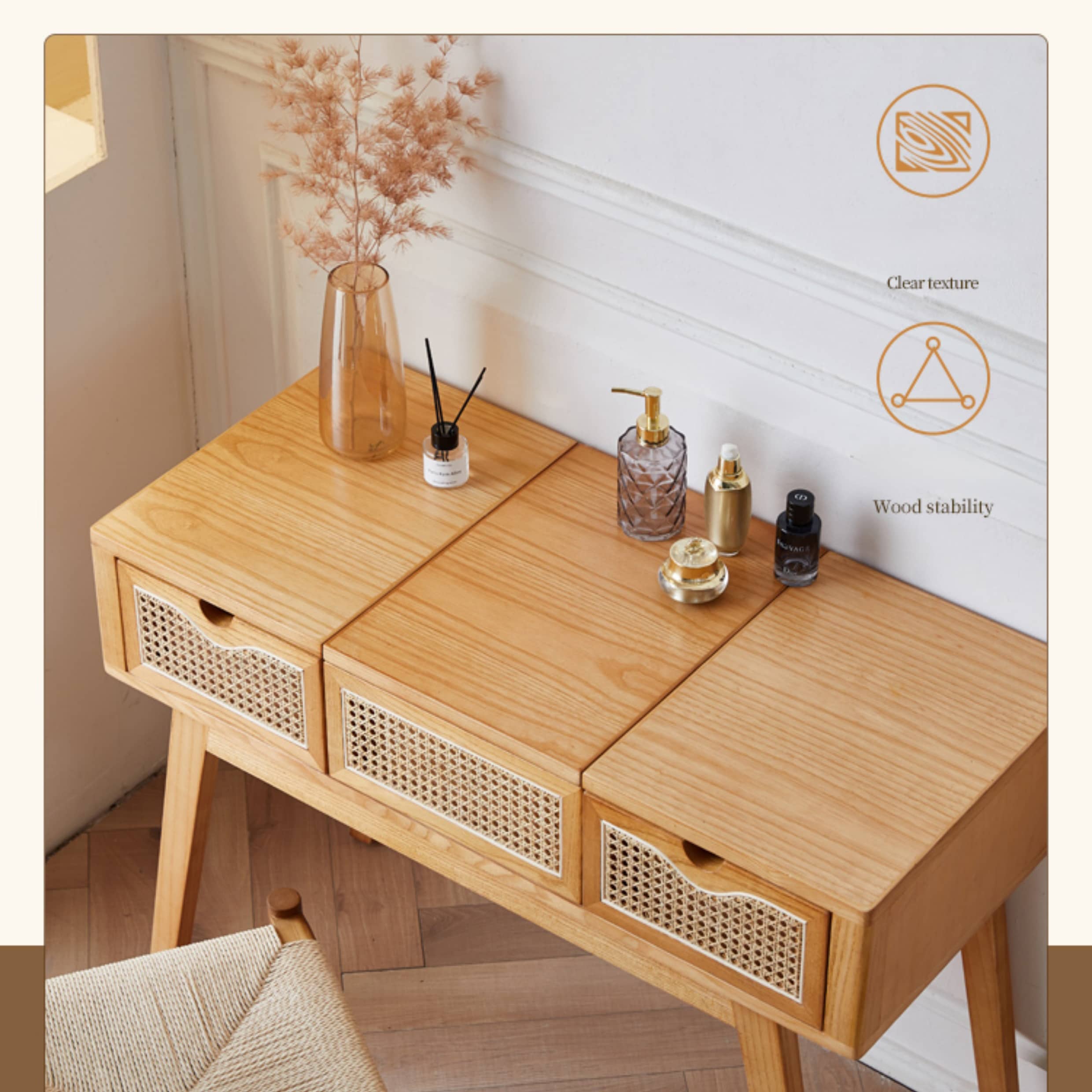 Elegant Natural Wood Makeup Vanity with Rattan and Ash Wood Accents, Glass Top tzm-525