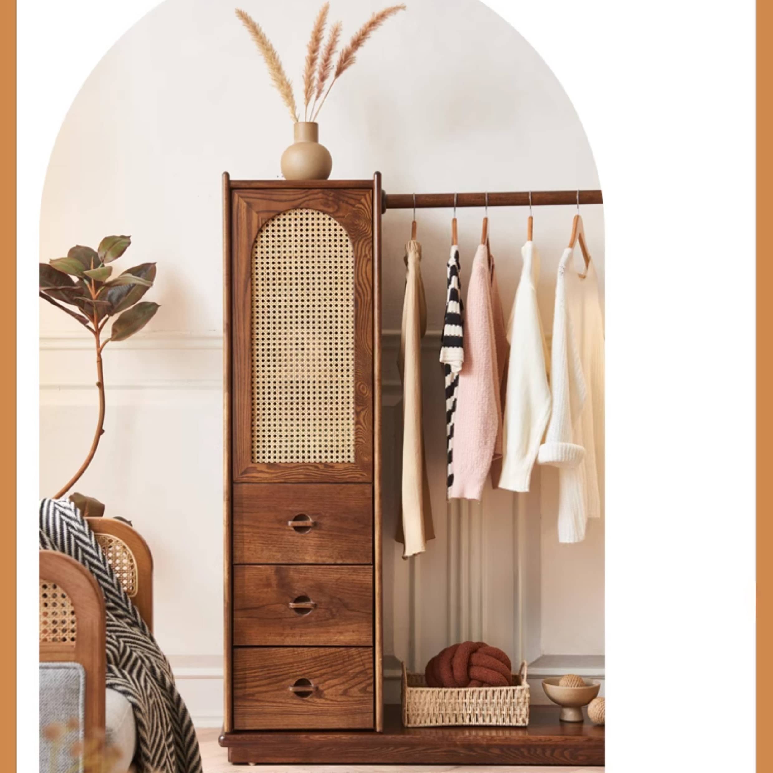 Stylish Brown Rattan Wardrobe with Elegant Ash Wood Finish tzm-526