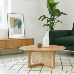 Round Oak Wood Coffee Table  with Rattan Accents - Timeless Elegance for Your Livingroom tzm-527